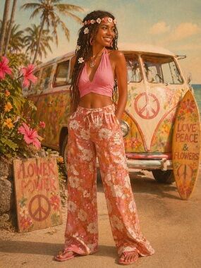 Bohemian Pink Floral Wide-Leg Pants by